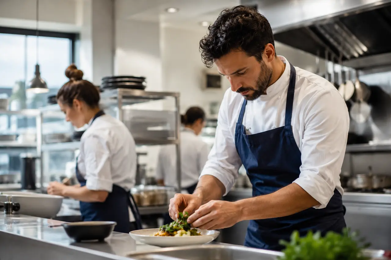 Brigata al lavoro in una cucina professionale