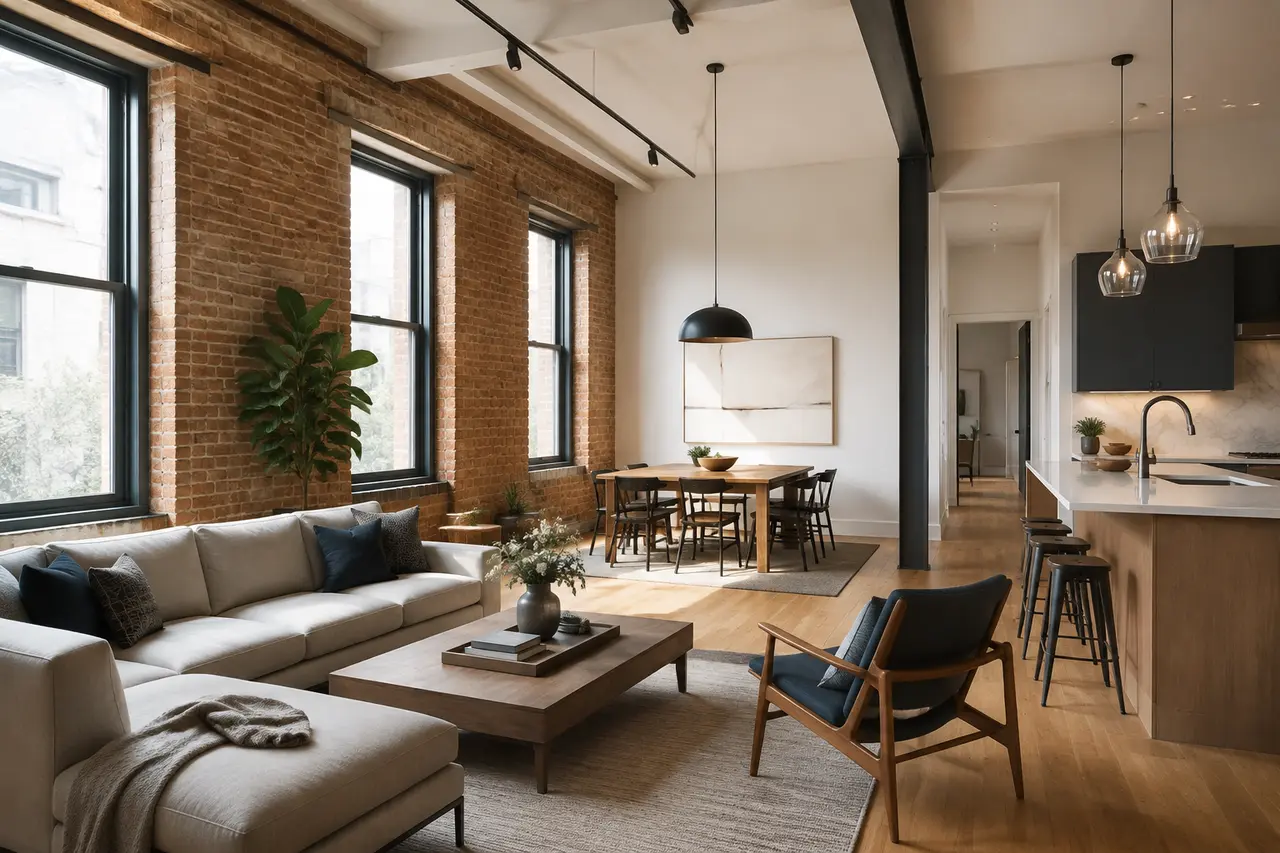 Loft urbano ristrutturato con materiali caldi